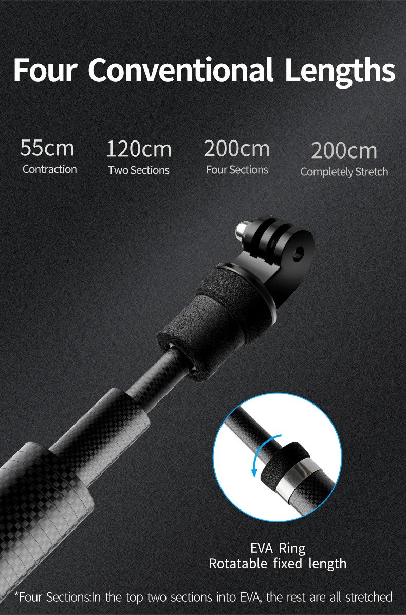 TELESIN 2.7M Long Carbon Fiber Handheld Selfie Stick Extendable Pole Monopod india tiyana 5